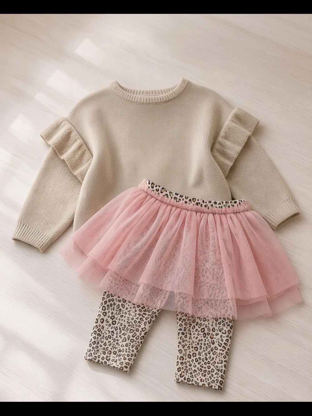 2 pcs Kids Matching Set - Beige Knit Sweater with Pink Tulle Skirt Leggings